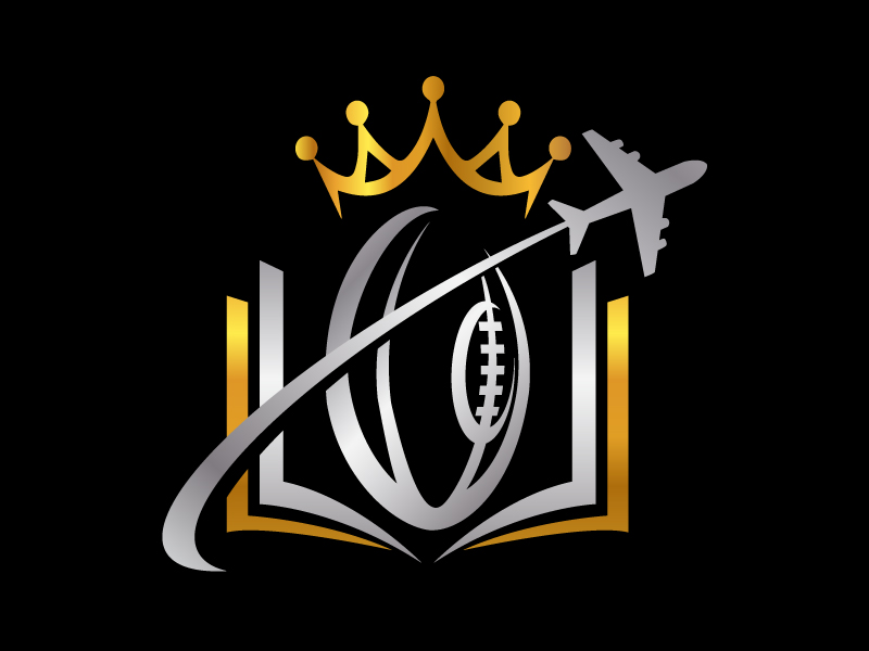 Crown with a book, a rugby ball, and a plane to show interests logo design by jaize