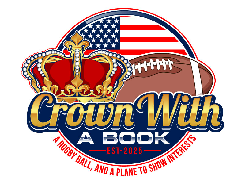 Crown with a book, a rugby ball, and a plane to show interests logo design by LogoQueen