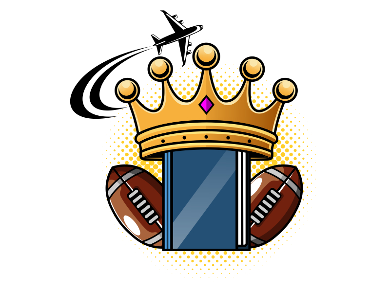 Crown with a book, a rugby ball, and a plane to show interests logo design by Yulioart